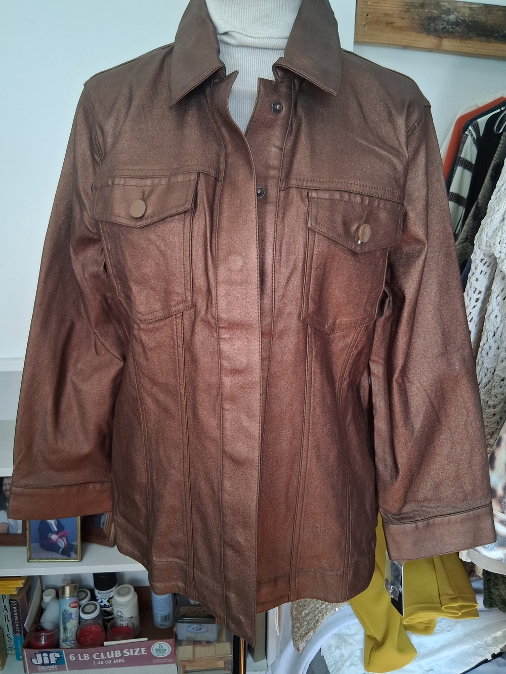 Azi.Women's Metallic Brown Utility Jacket Coated Leather.